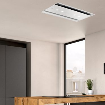 NEFF's 90cm ceiling cooker hood in white glass features Home Connect for remote operation via smartphone or tablet.