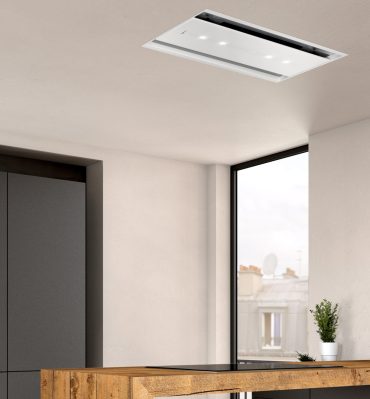 NEFF's 90cm ceiling cooker hood in white glass features Home Connect for remote operation via smartphone or tablet.