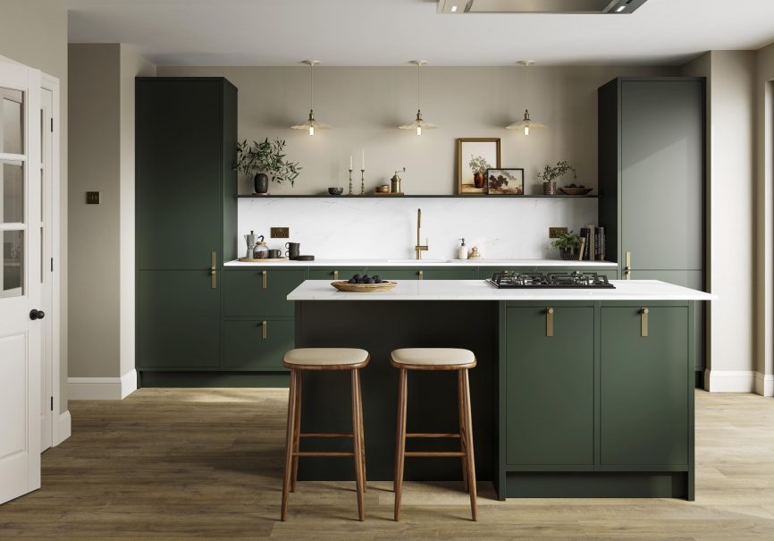 Howdens Hockley Super Matt Fir Green In Frame - Kitchens Review